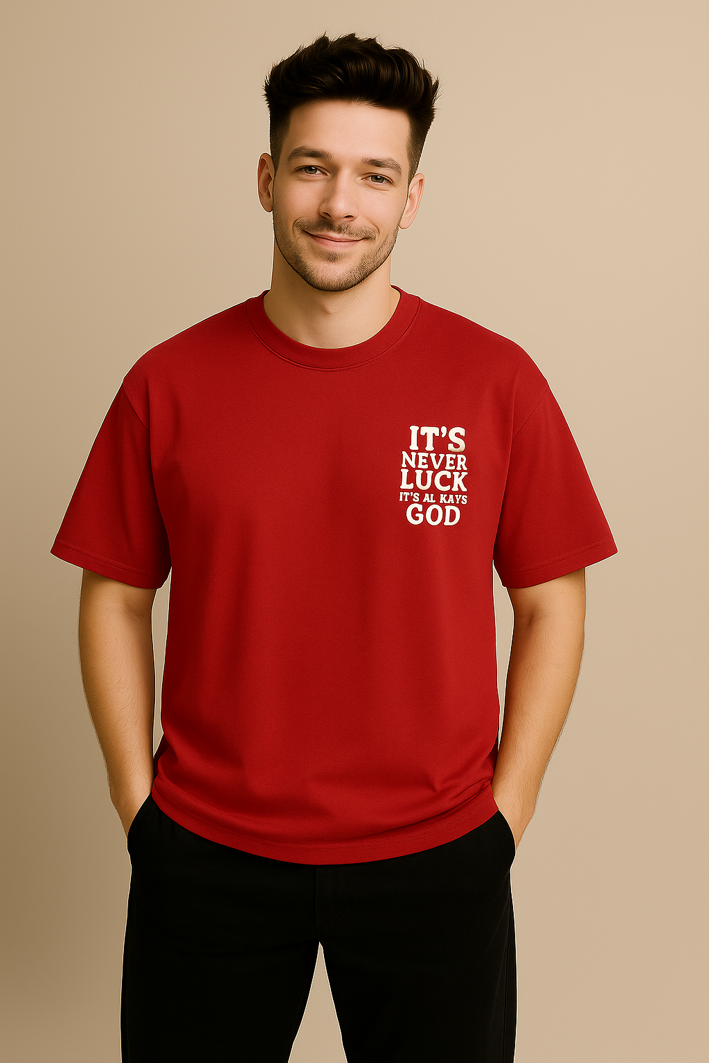 It's Never Luck, It's Always God" Oversized Red T-Shirt