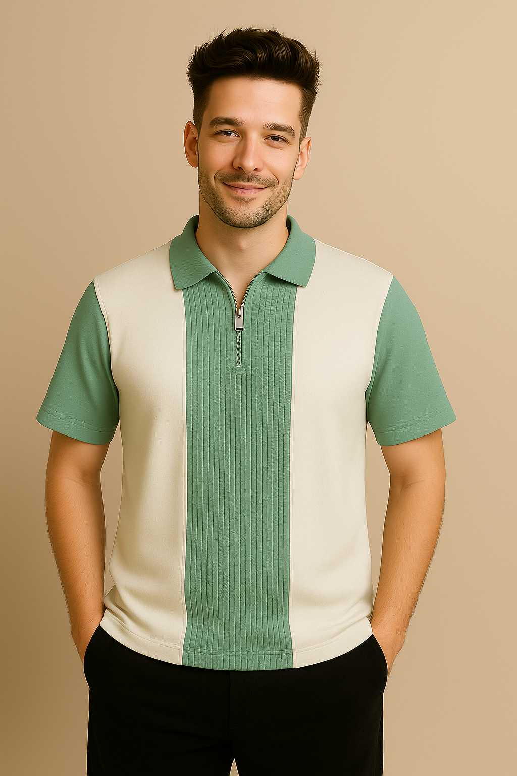 Green & Ivory Half-Zip Retro Polo