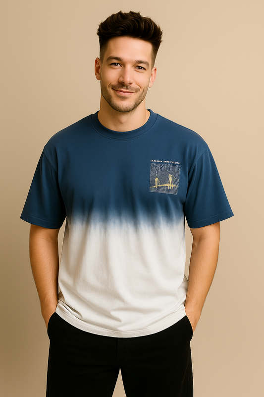 Blue & White Dip-Dye Bridge Graphic Oversized T-Shirt