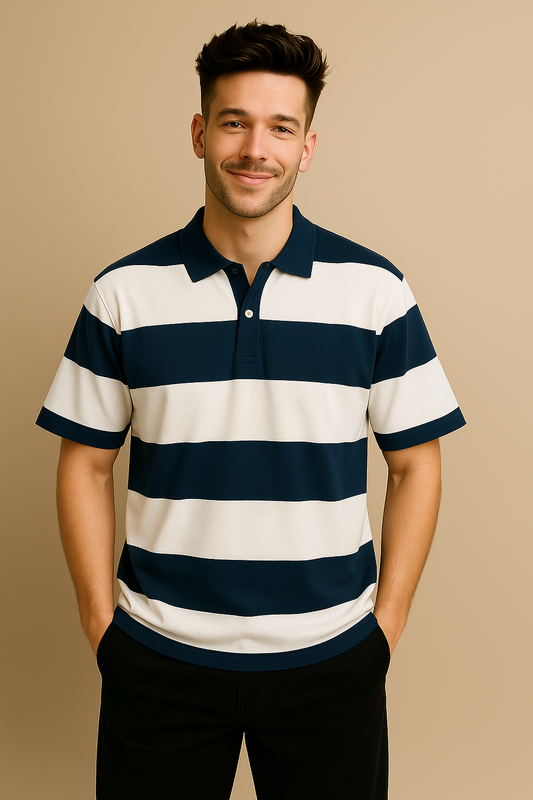 Navy & White Striped Polo Shirt