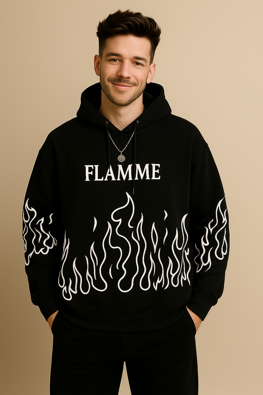 FLAMME Flame Print Hoodie – Black & White Fire