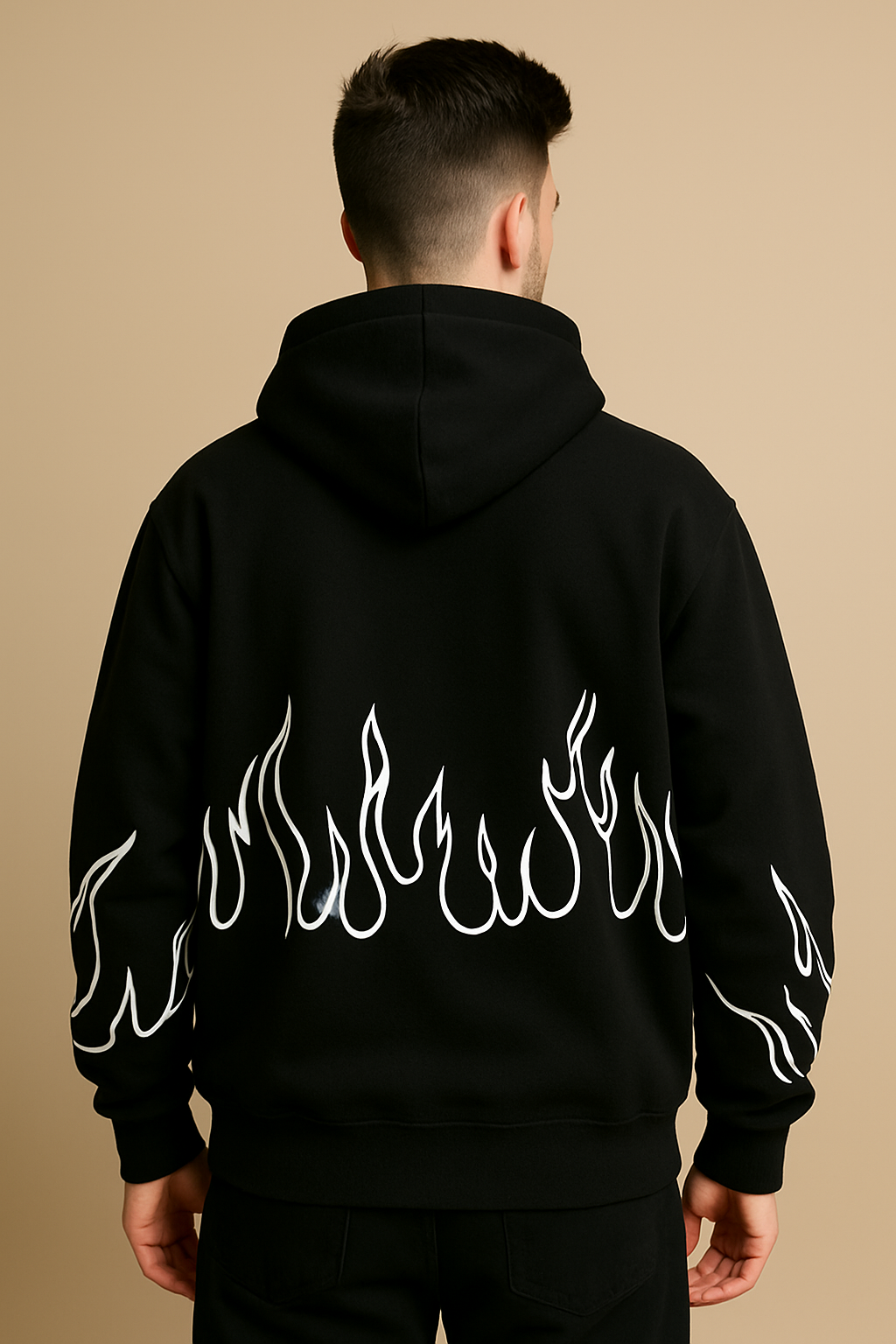 FLAMME Flame Print Hoodie – Black & White Fire