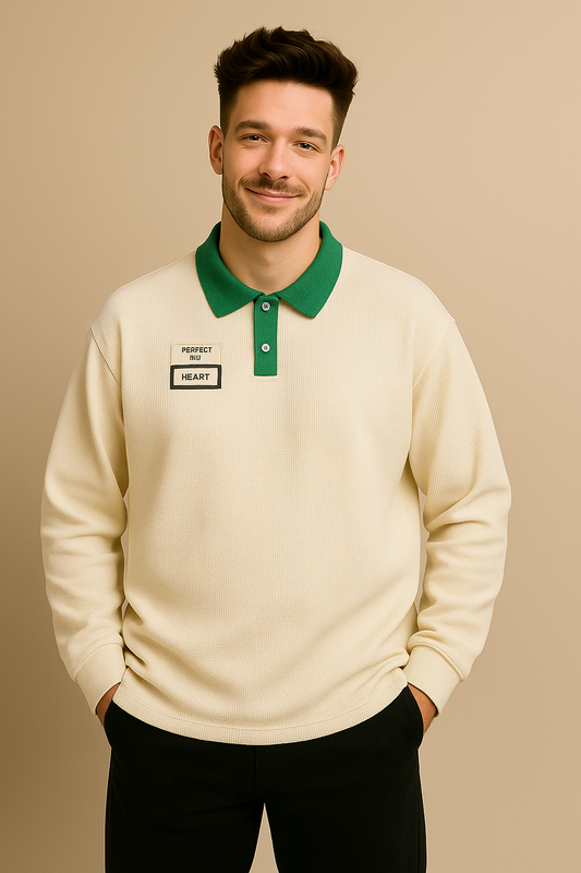 Beige Waffle Knit Polo Sweatshirt